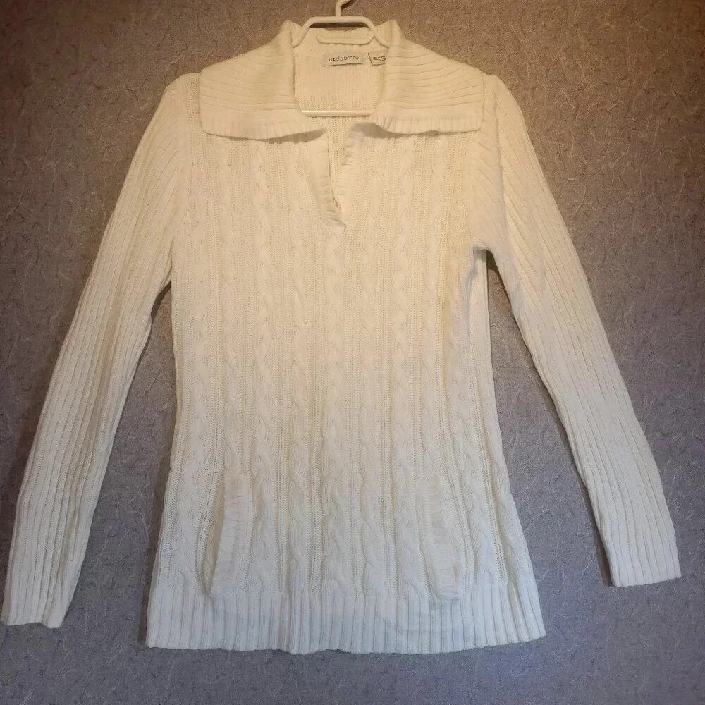 Liz Claiborne White  Long Sleeve Cable Knit Pullover Sweater Size Large